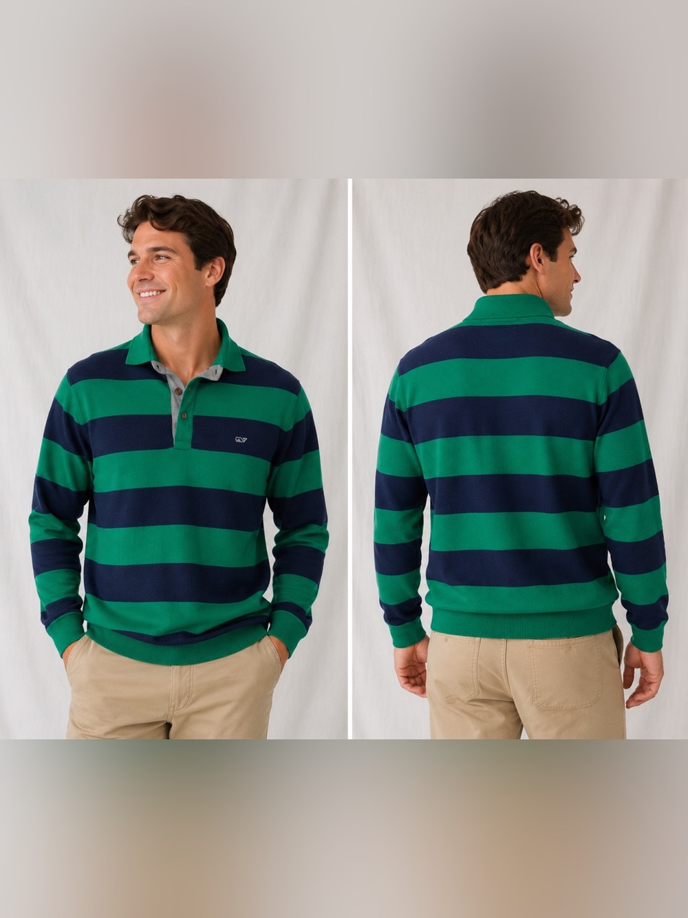 Vineyard Vines Green and Navy Striped Polo